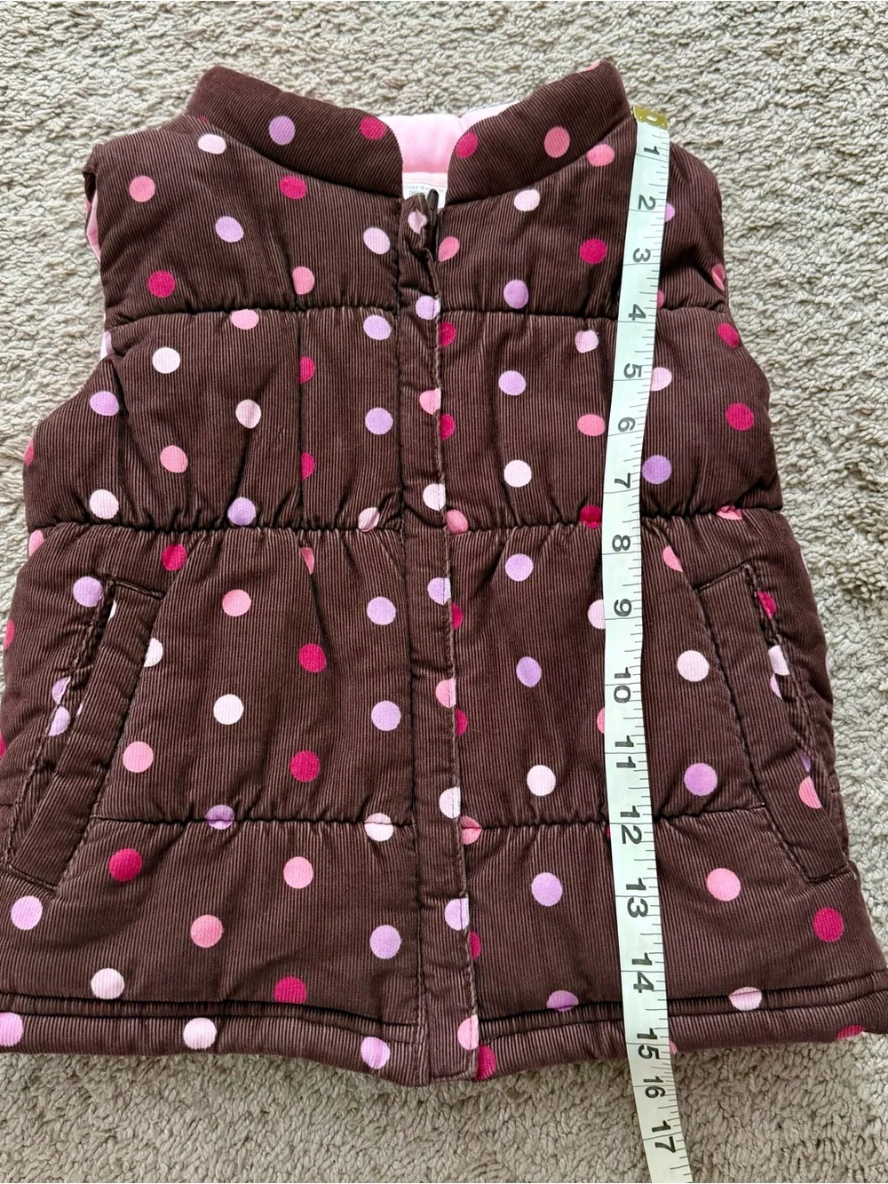 CARTERS Girls Vest Brown Pink Polka Dot Puffer Zip Up Sz 4 with Pockets